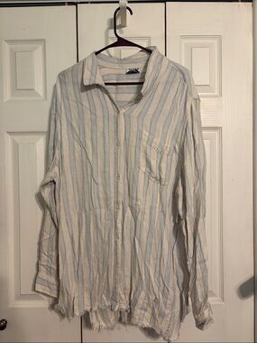 ARULA Blue and White Vertical Stripe Button-Down Top